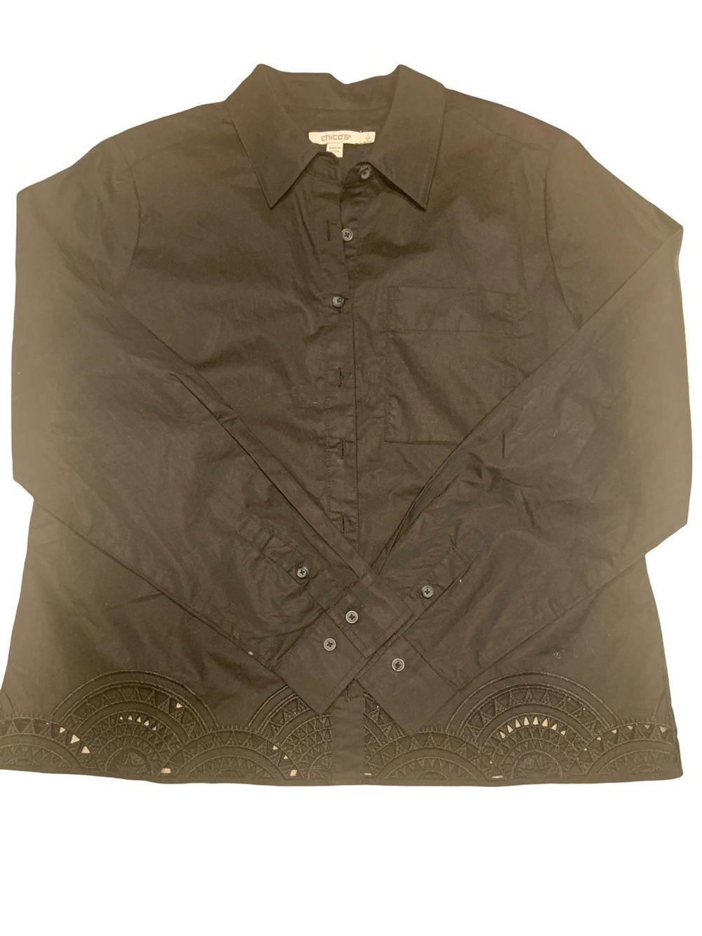 Chico's Black Button-Up Blouse with Scalloped Laser-Cut Hem